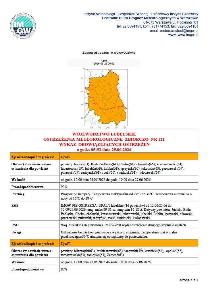 Mapa przedstawiająca zasięg ostrzeżeń meteorologicznych dla wojew&oacute;dztwa lubelskiego. Ostrzeżenie dotyczy upału, stopnia 2, obowiązuje od 12:00 dnia 25.06.2026 do 10:00 dnia 27.06.2026.
