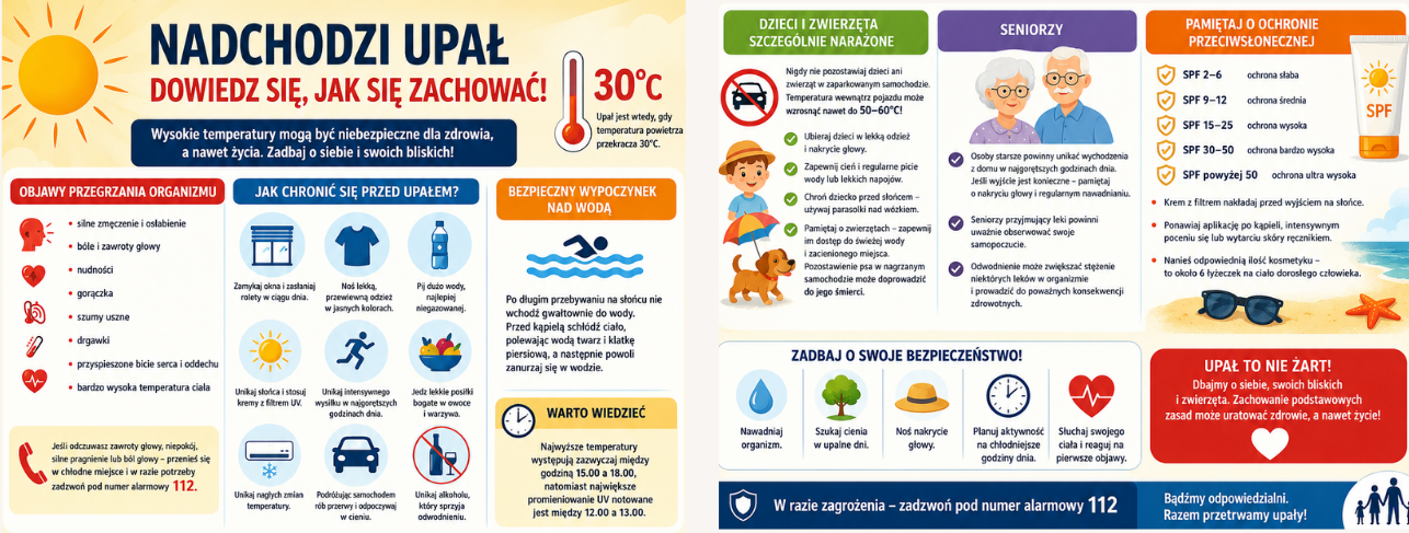 Grafika informuje o zagrożeniach związanych z upałem i sposobach ochrony. Zawiera objawy przegrzania, porady dotyczące ochrony przed słońcem, bezpieczeństwa nad wodą, ochrony dzieci, senior&oacute;w i zwierząt, a także wskaz&oacute;wki dotyczące stosowania krem&oacute;w z filtrem UV.